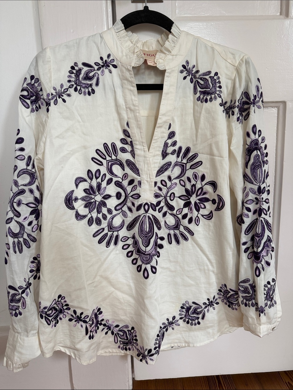 Figure Ivory Embroidered Peasant Blouse - White with Purple Embroidery